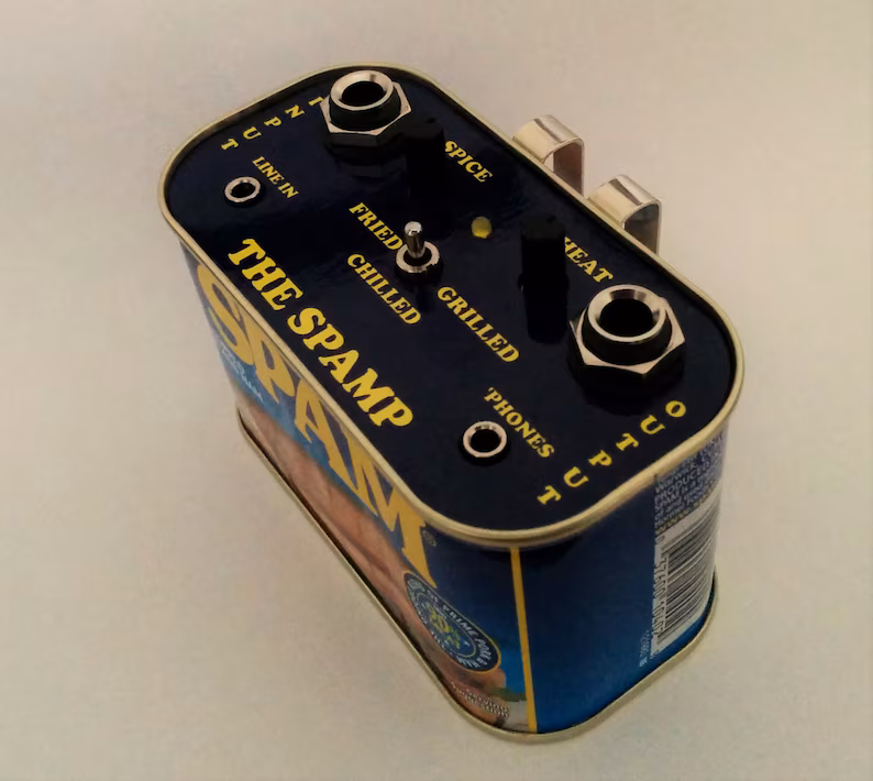 The original Spamp guitar amplifier in an upcycled SPAM tin